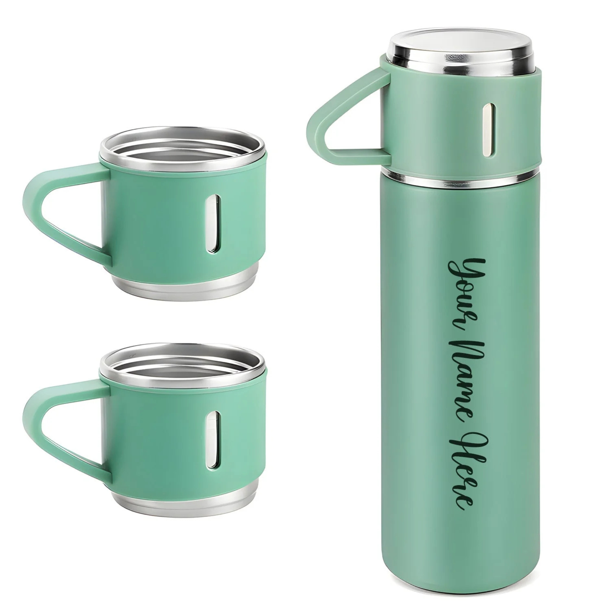 Personalized Stainless Steel Water Bottle Vacuum Flask Set with 3 Steel Cups Combo